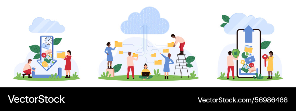 Cloud storage data network set tiny people Cloud storage data network set tiny people vector image