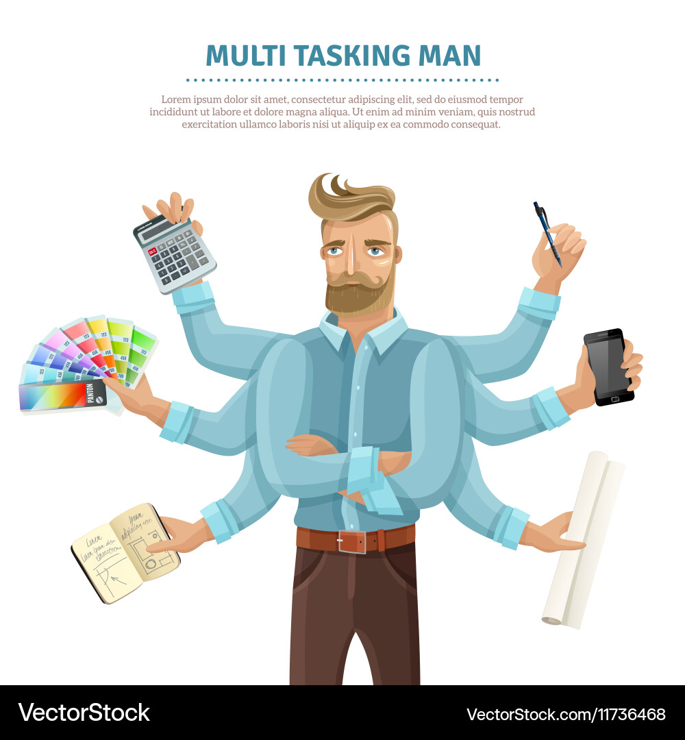 Multitasking man flat poster Royalty Free Vector Image