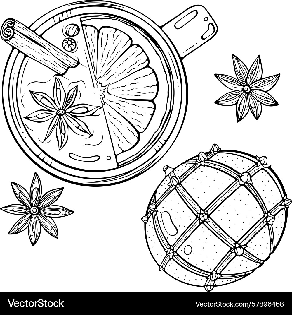 Top view mulled wine with floating spices line art Vector Image