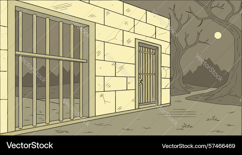 Barred window view into mysterious dark forest Vector Image
