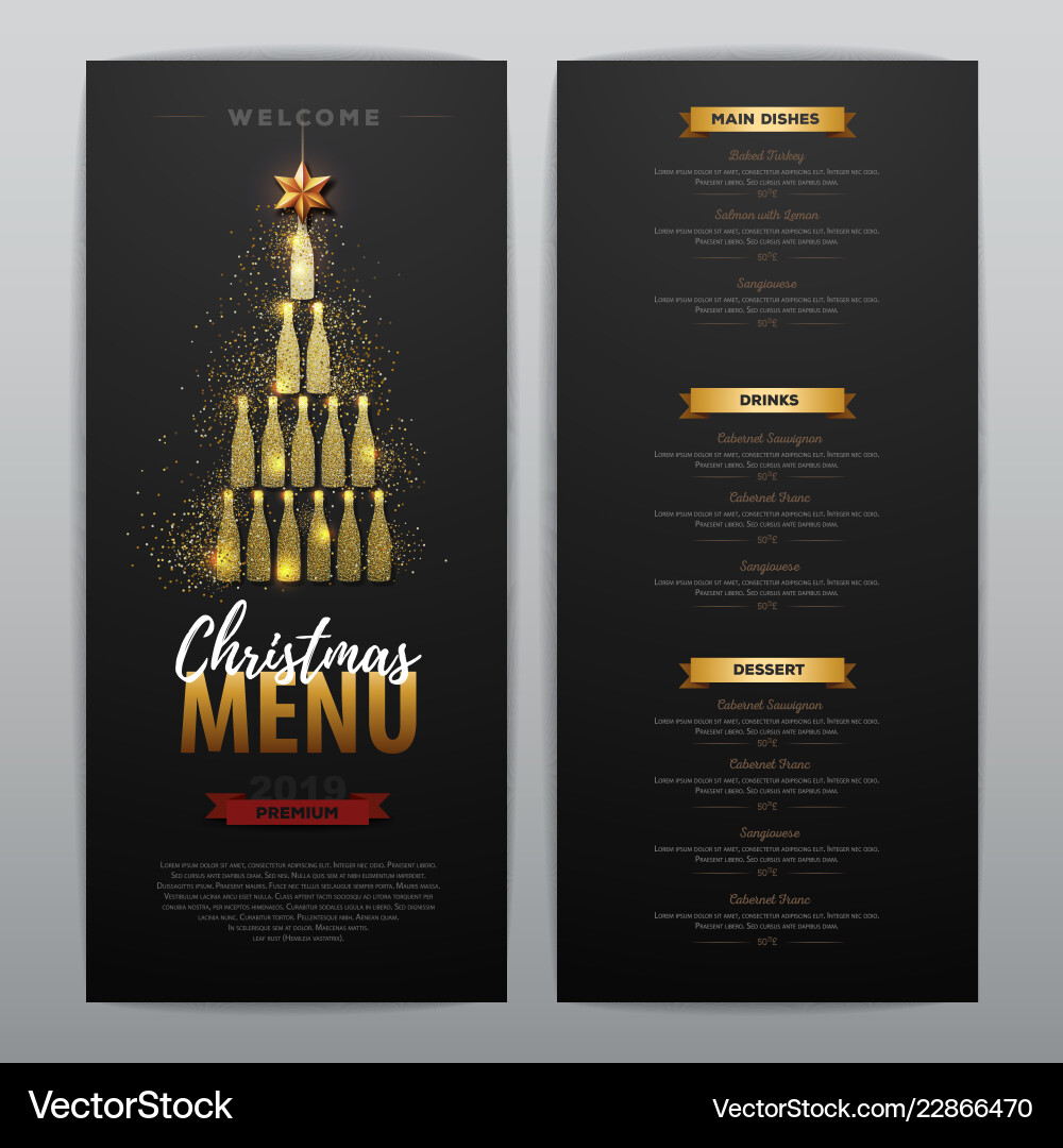 Christmas menu design with golden champagne Christmas menu design with golden champagne vector image
