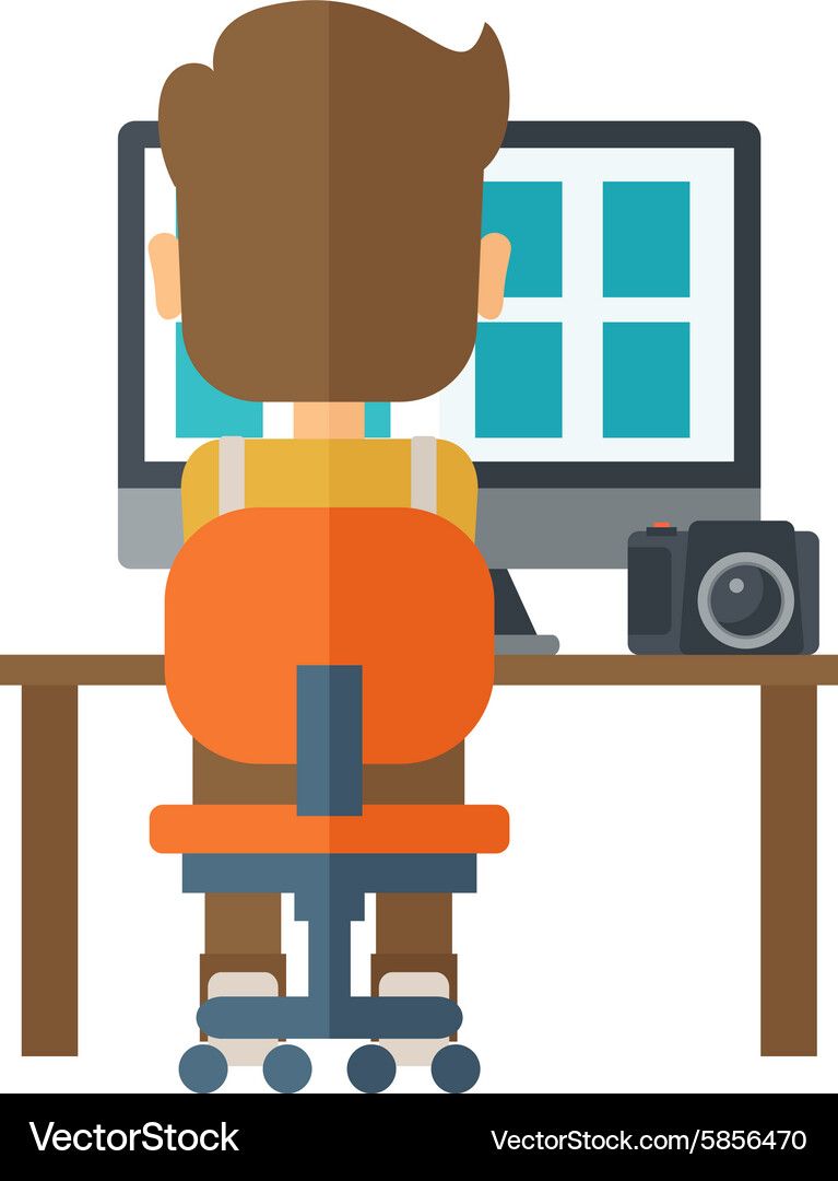 Man with laptop and camera on a table Vector Image