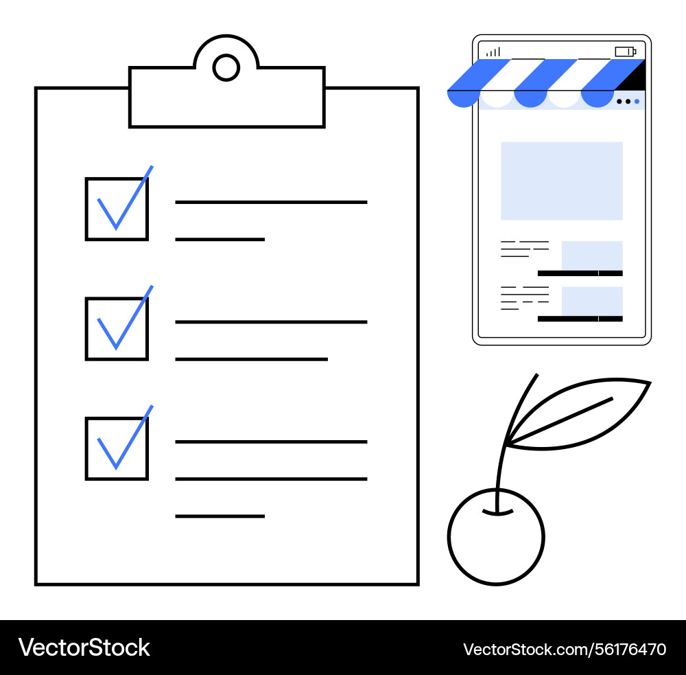 Task checklist with mobile storefront and cherry Vector Image