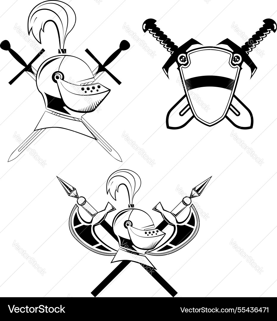 Knights helmet shield and swords battle-axset Knights helmet shield and swords battle-axset vector image