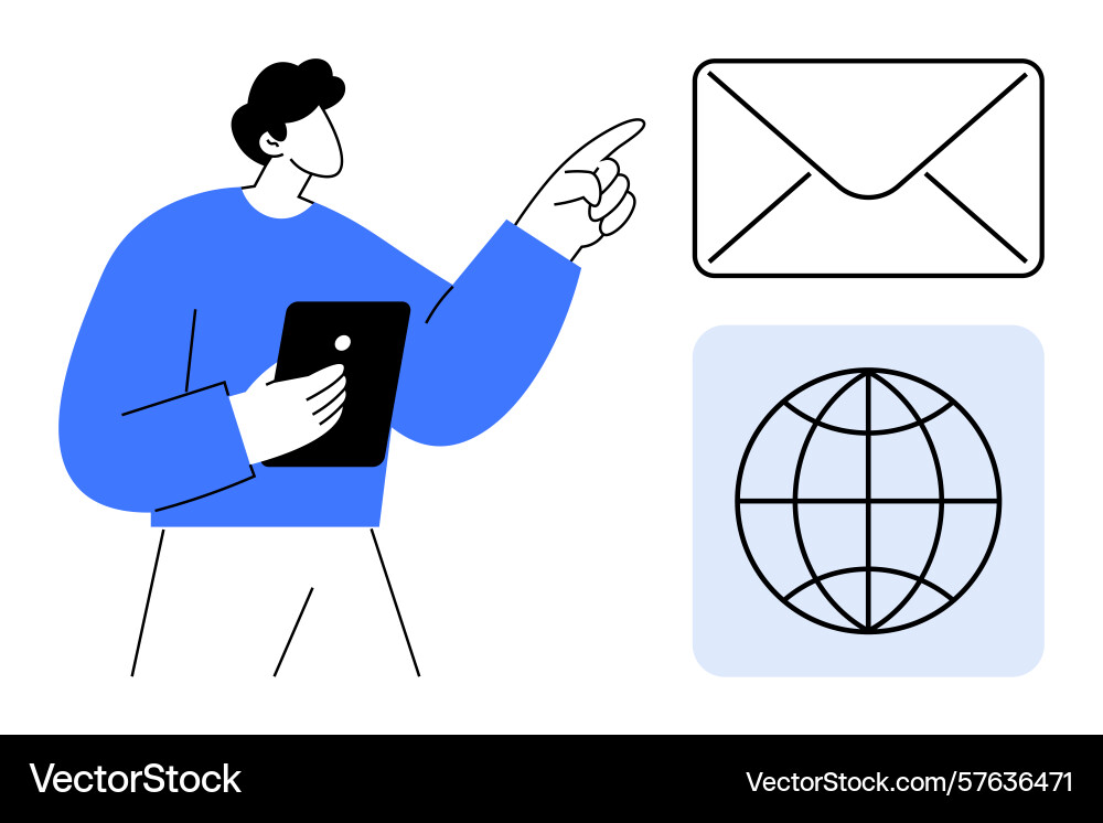Man with tablet pointing to email and globe icons vector image