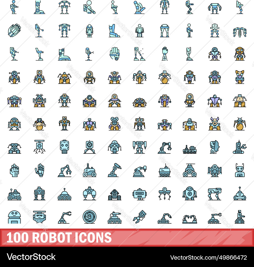 100 robot icons set color line style 100 robot icons set color line style vector image