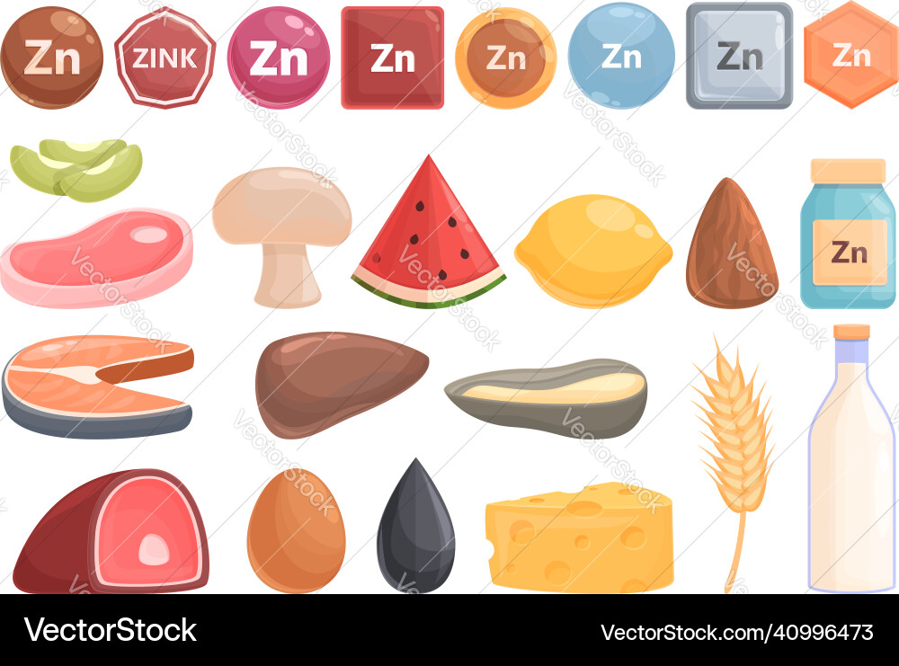 Zinc icons set cartoon mineral suplement Zinc icons set cartoon mineral suplement vector image