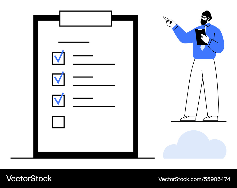 Man reviewing and pointing at checklist for task Man reviewing and pointing at checklist for task Vector Image