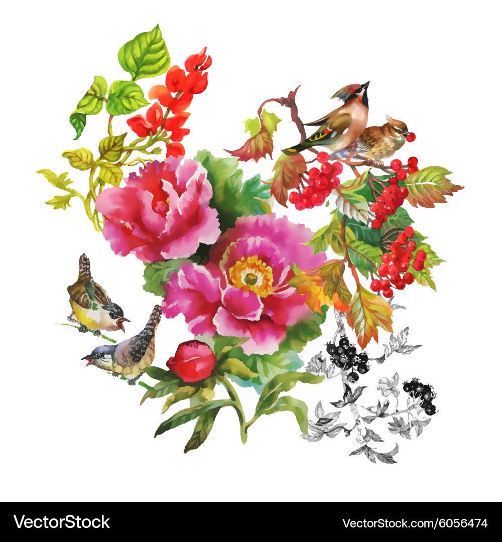 Watercolor Floral Pattern with Birds Vector Image