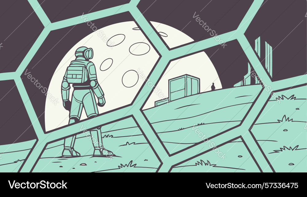 Astronaut on geometric hexagonal moon design vector image