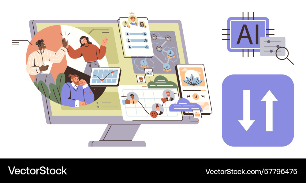 Collaborative teamwork and ai-driven workflow Collaborative teamwork and ai-driven workflow vector image