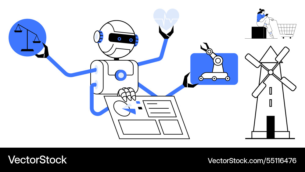 Multitasking robot data entry balancing Multitasking robot data entry balancing vector image