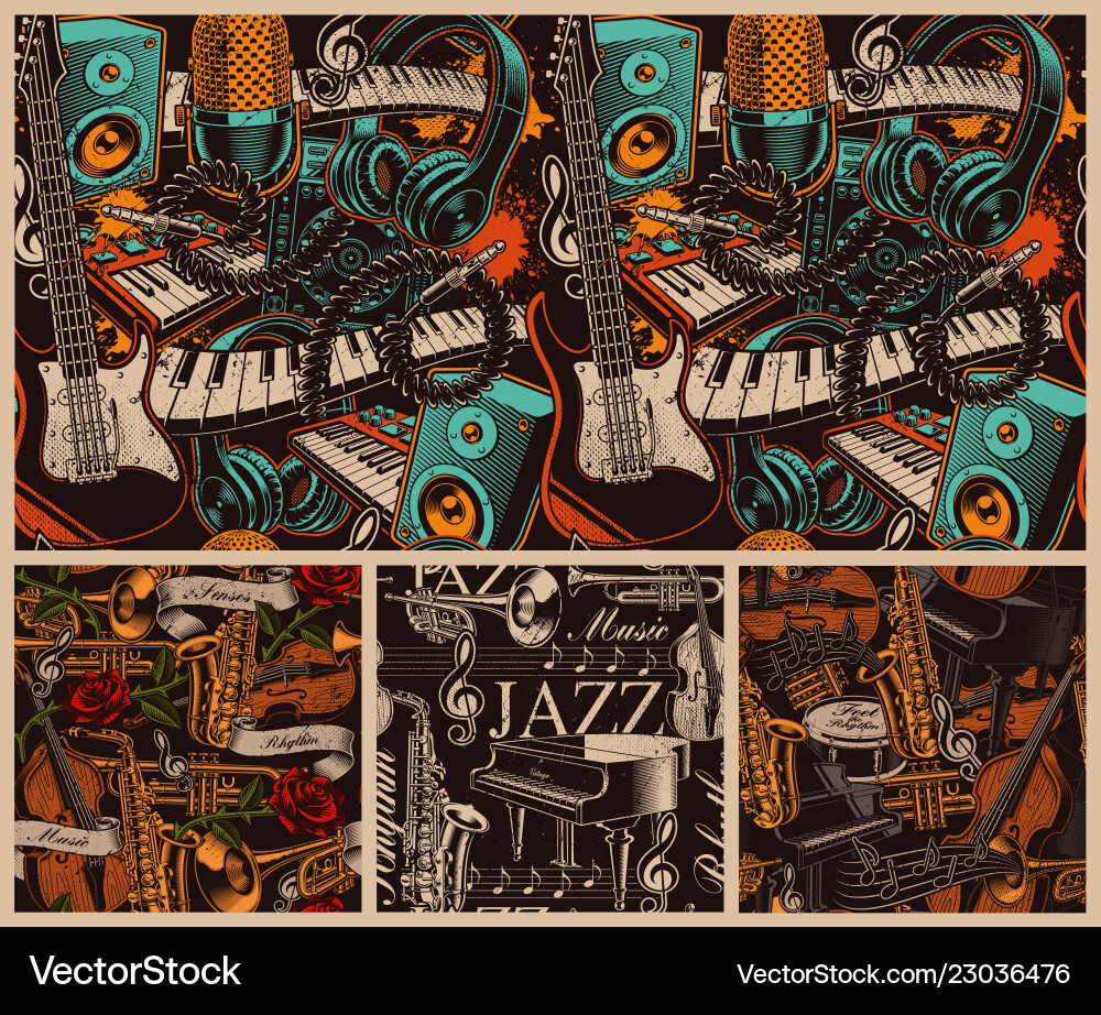 Musical Seamless Patterns - Instruments Vector Image