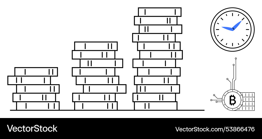 Stacked coin growth with clock and bitcoin symbol Stacked coin growth with clock and bitcoin symbol vector image