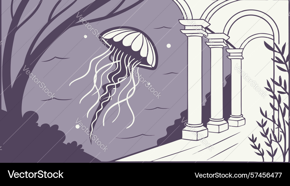 Floating jellyfish by ancient columns surreal Vector Image