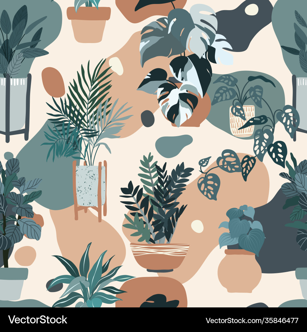 Indoor plants seamless pattern hand drawn flat Indoor plants seamless pattern hand drawn flat vector image