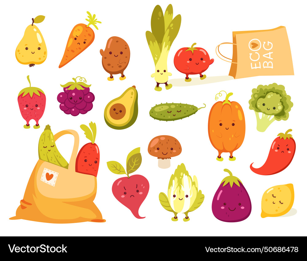 Healthy vegetables and fruits cute characters Healthy vegetables and fruits cute characters vector image