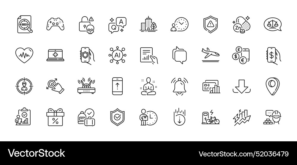 Document notification bell and gamepad line icons Document notification bell and gamepad line icons vector image