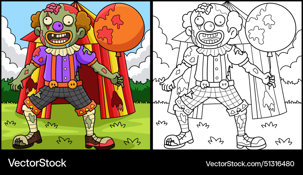 Zombie clown coloring page colored Royalty Free Vector Image