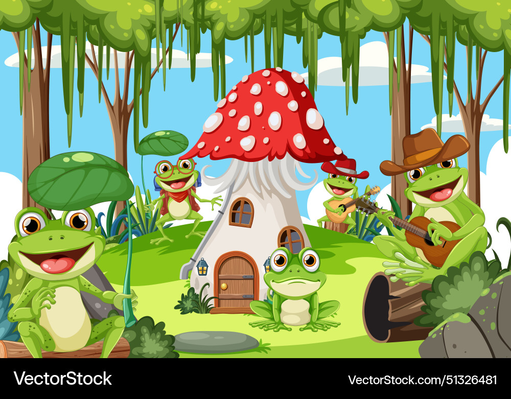 Cartoon frogs near a mushroom house in the woods Cartoon frogs near a mushroom house in the woods vector image