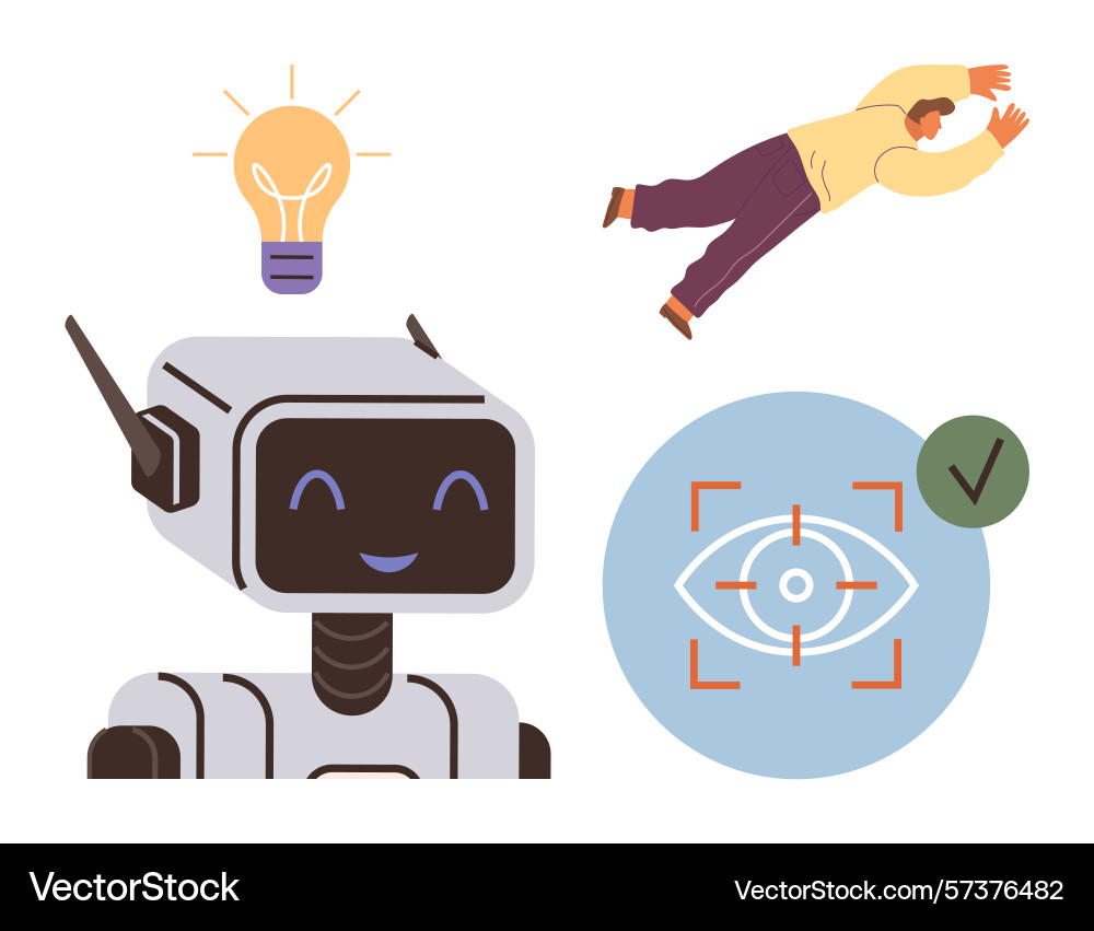 Ai robot smiling with light bulb vision target Ai robot smiling with light bulb vision target vector image