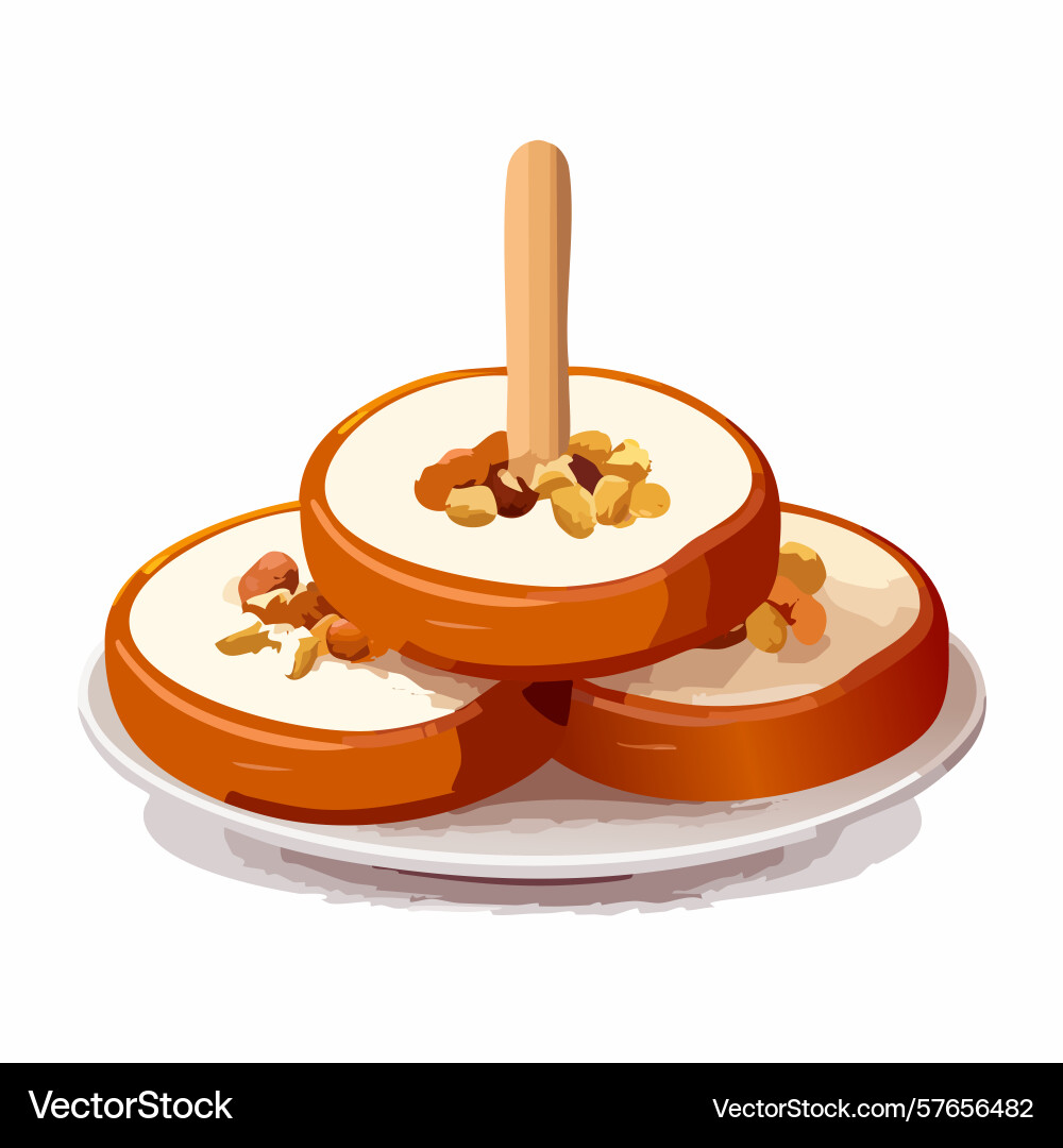 Stacked caramel apples with nuts and sticks Stacked caramel apples with nuts and sticks Vector Image