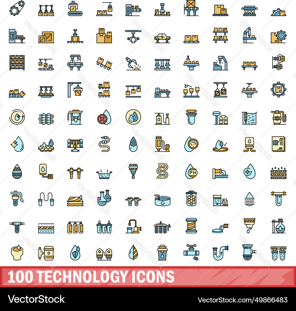 100 technology icons set color line style 100 technology icons set color line style vector image