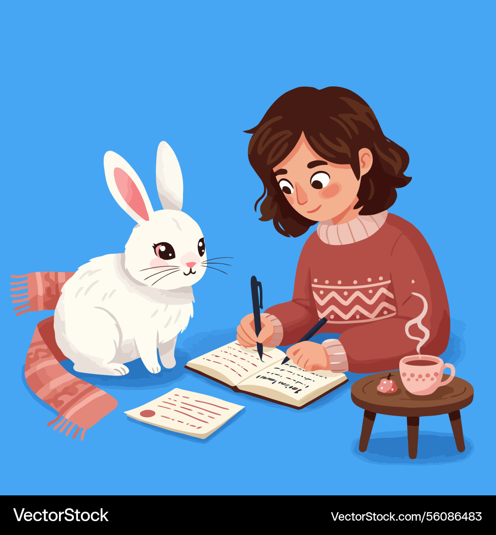 Cozy writing session with a rabbit Vector Image