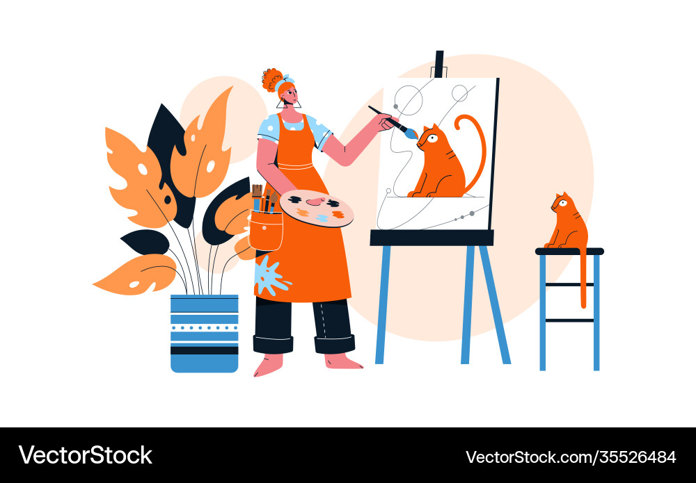 Female artist drawing portrait her red cat vector image