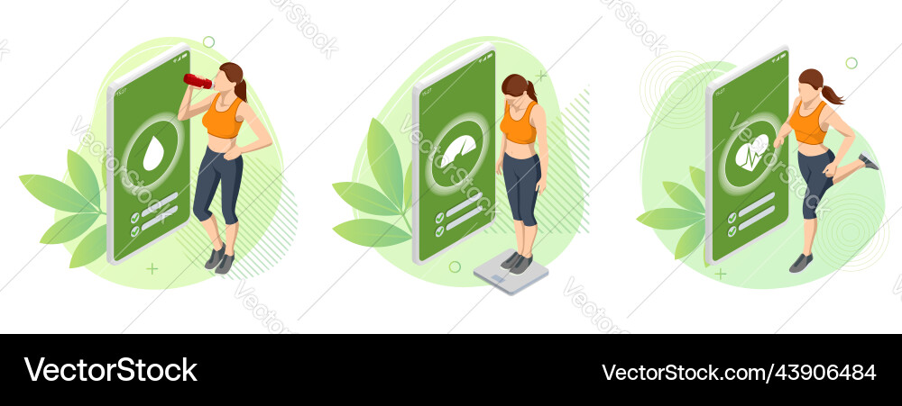 Isometric healthy food and diet planning for woman Isometric healthy food and diet planning for woman vector image