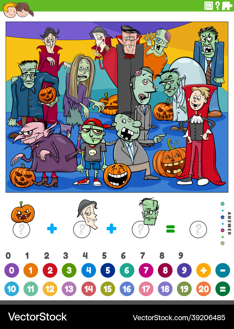Counting and adding game with cartoon halloween Counting and adding game with cartoon halloween vector image