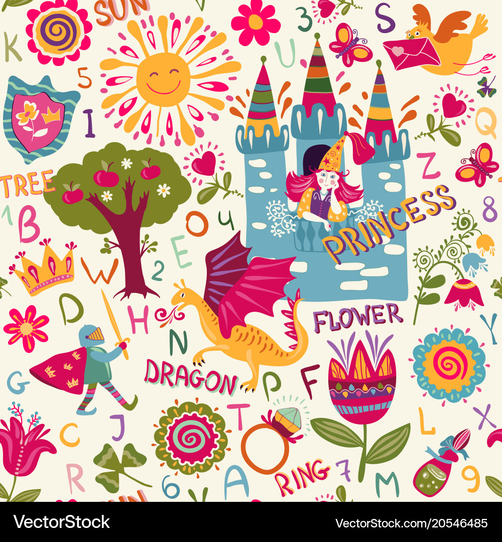 Whimsical Alphabet & Fairy Tale Pattern Vector Image