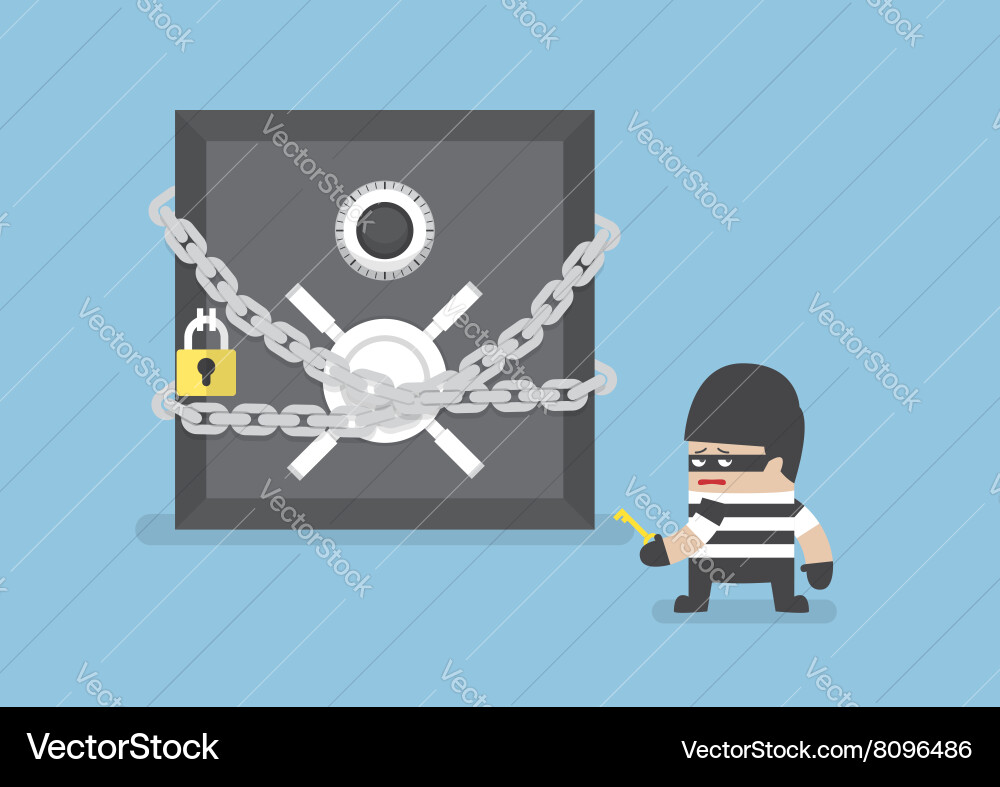 Thief standing in front of safe box with chain vector image