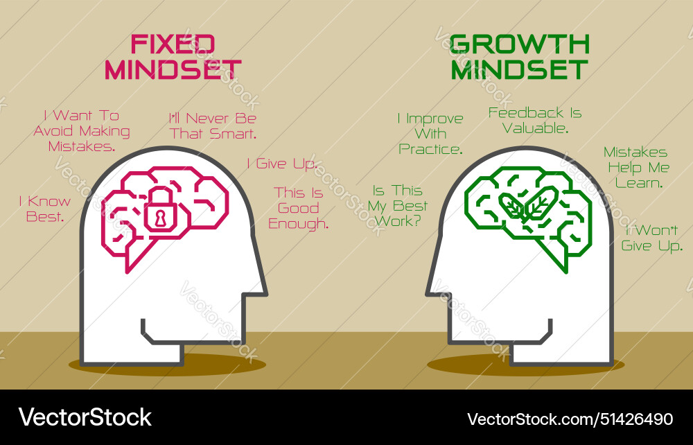 Difference between a fixed vs growth mindset Vector Image