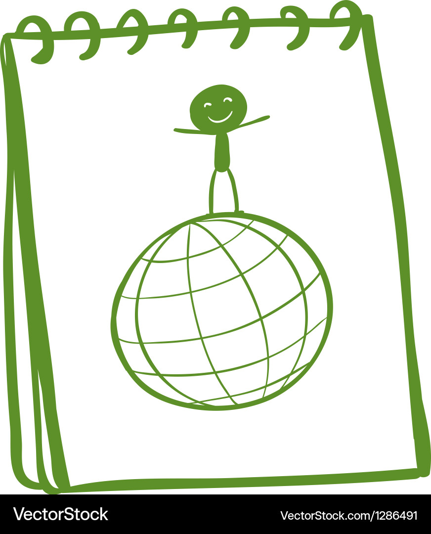 A notebook with sketch of boy above globe Vector Image
