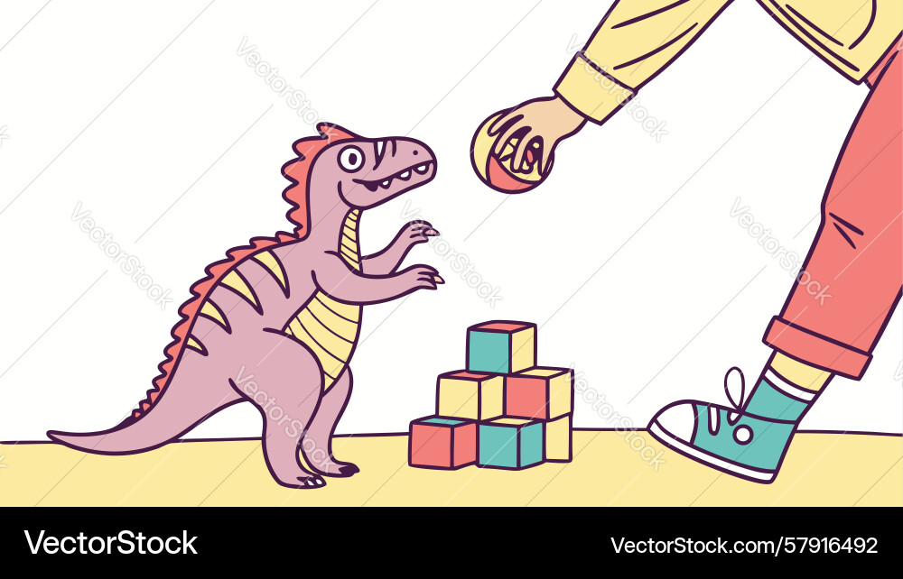 Child playing with dinosaur and blocks Vector Image