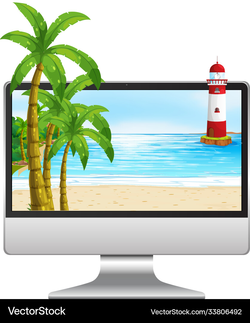 Computer on table with beach screen vector image