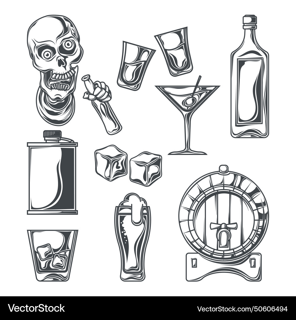 Drawings of pub elements collection with bottles Vector Image