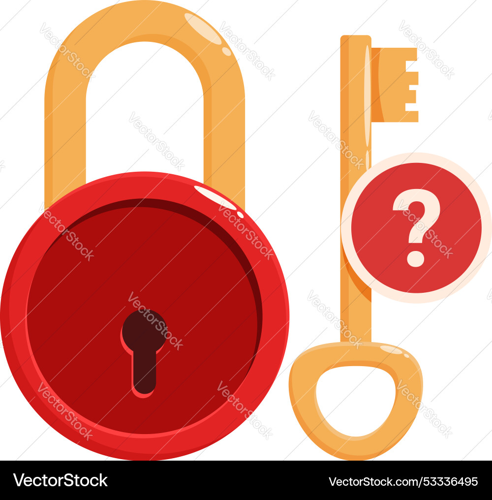 Golden key with question mark trying to open a red vector image