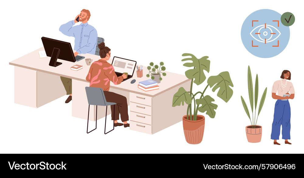 Office workers collaborating at desk with computer Vector Image