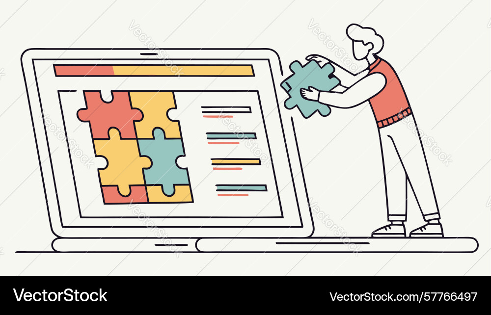 Collaborative web development person assembling vector image