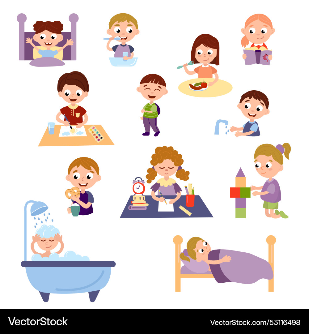 Daily routine for a child kids taking bath brush – Royalty-Free Vector |  VectorStock, image size:1000x1080