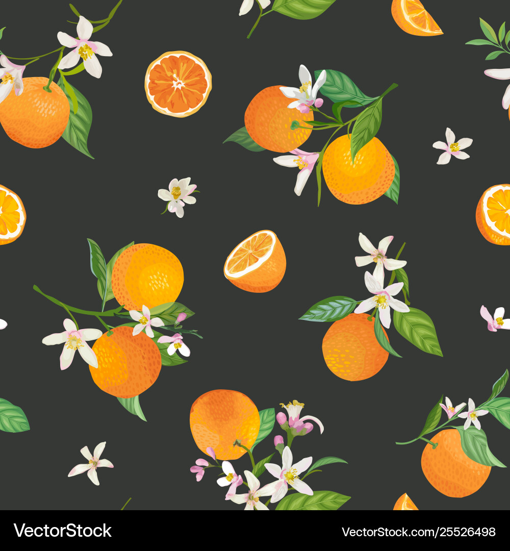Seamless orange pattern with tropic fruits leaves Seamless orange pattern with tropic fruits leaves vector image