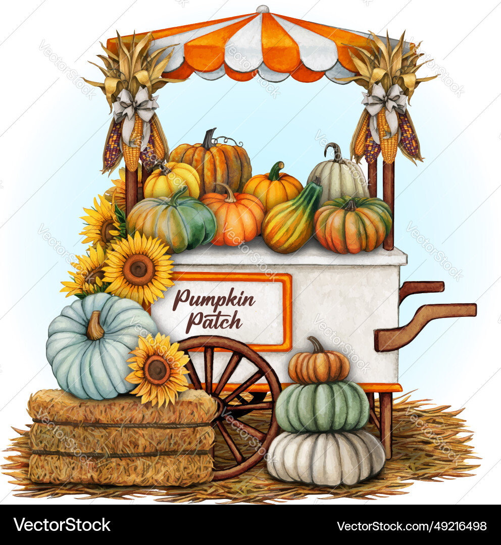 Watercolor pumpkin patch fall themed market cart Watercolor pumpkin patch fall themed market cart vector image