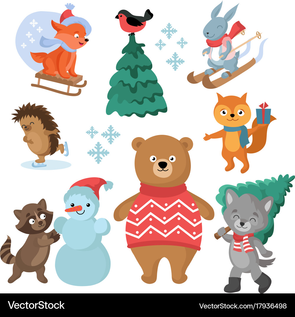 Weihnachts- und Winterferien lustige Tiere vektorbild
