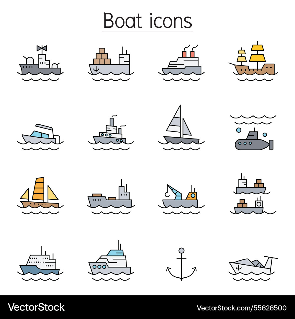 Boat icons set in color line style Boat icons set in color line style vector image