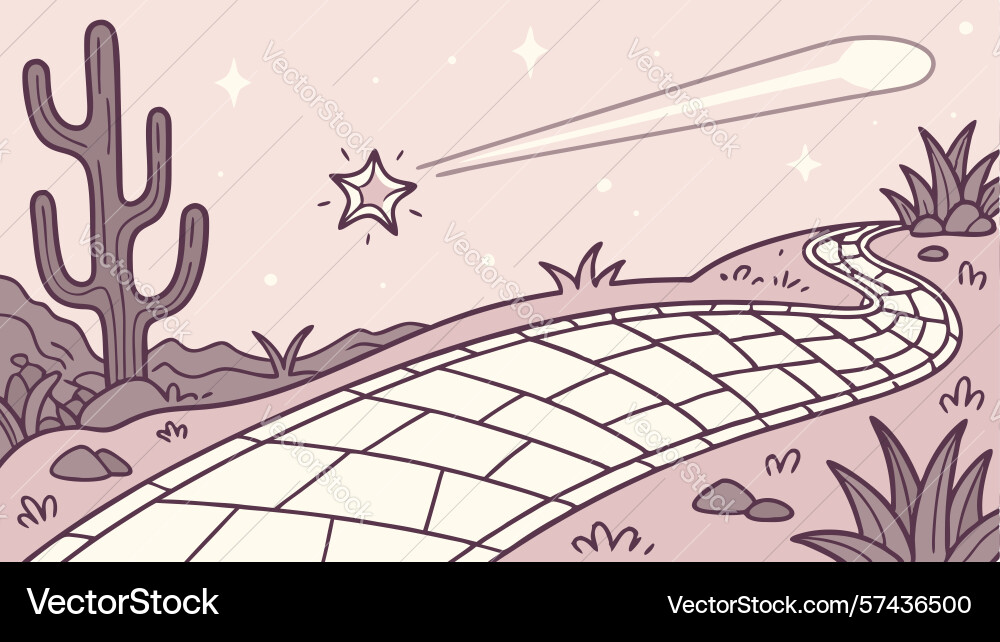 Winding path in desert with cacti and distant Vector Image