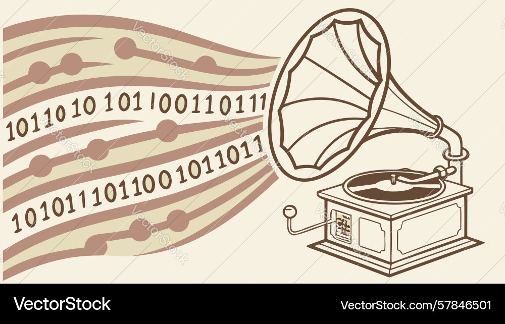 Retro gramophone with binary code digital stream vector image