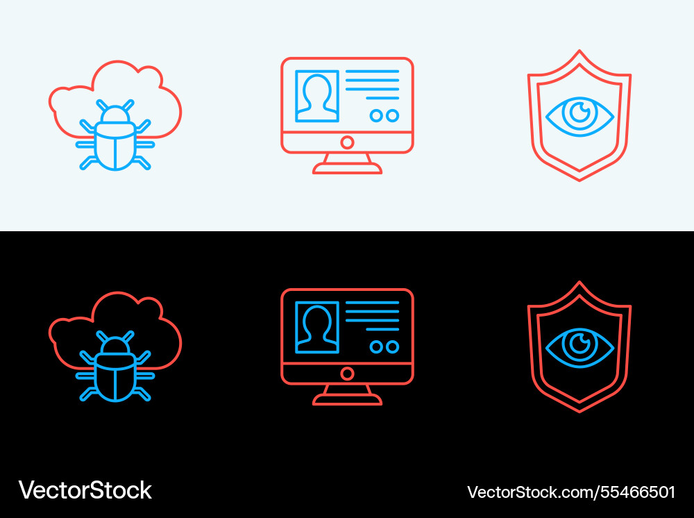 Set line shield and eye system bug on cloud Set line shield and eye system bug on cloud vector image