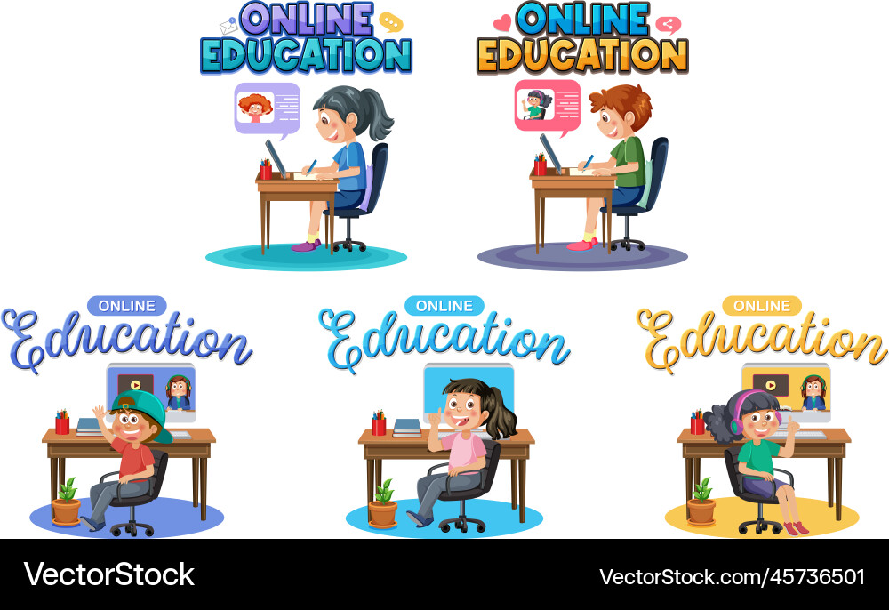 Set of student learning online using computer Set of student learning online using computer vector image